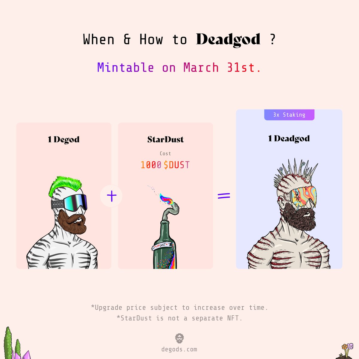 DeGodsNFT's tweet photo. 5. DeadGods will be available to mint in $DUST on March 31st.

It will cost 1000 $DUST per DeGod you want to upgrade.

There won't be enough $DUST for everyone to upgrade their DeGod for a while. https://t.co/ebkSItfJc1