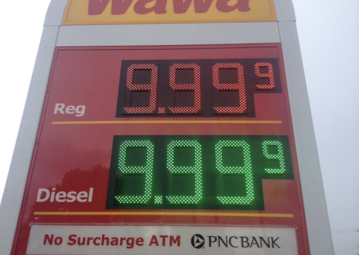 Gas prices are skyrocketing, but there is only room for 3 digits on all gas station signs, literally can’t go above $9.99/gallon 💀
