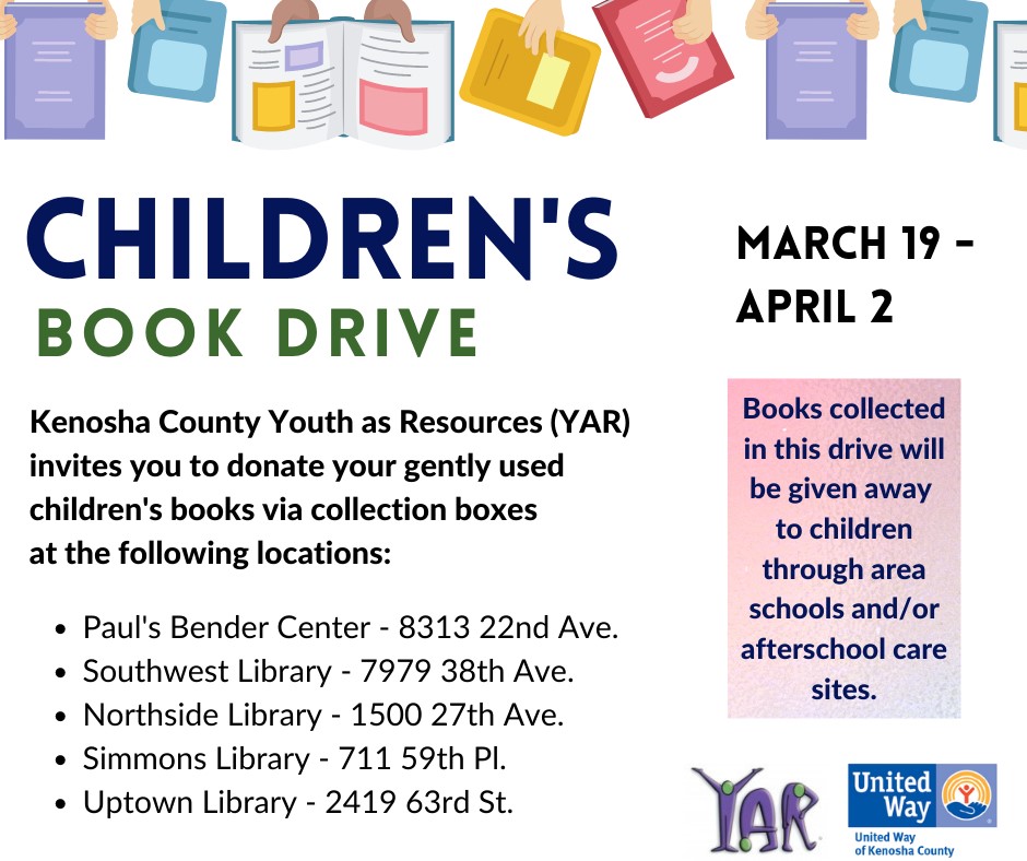 Join Youth As Resources (YAR) in spreading literacy by donating children's books at the listed collection boxes. After donating, reply to show your fav titles to be passed on.

YAR is a program that funds youth-designed and youth-led community service projects in Kenosha County.