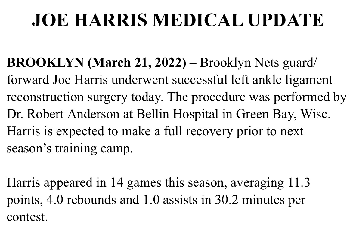 Brooklyn Nets on Twitter "Joe Harris Medical Update https//t.co