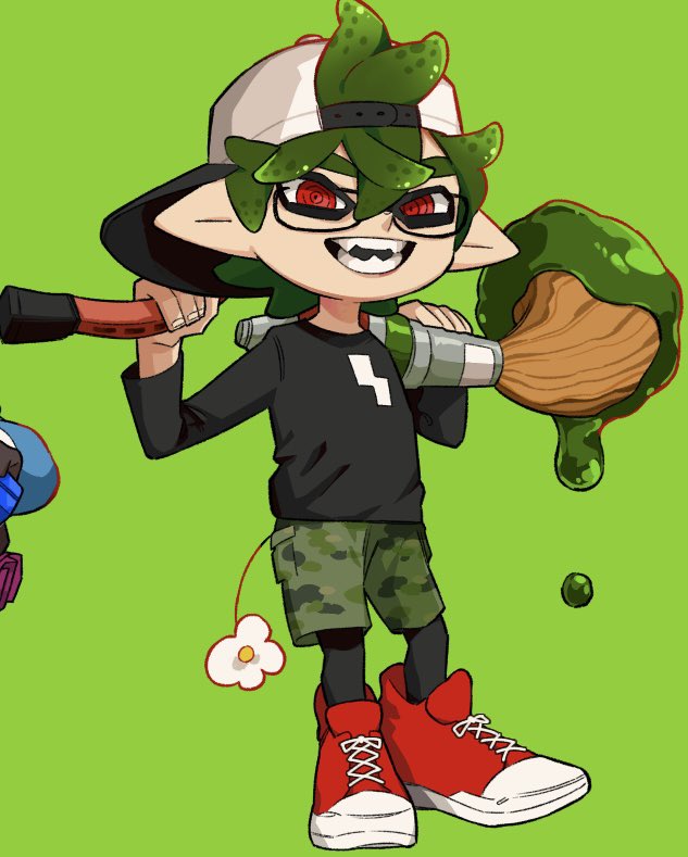 inkling ,inkling boy 1boy male focus green hair tentacle hair solo hat green background  illustration images