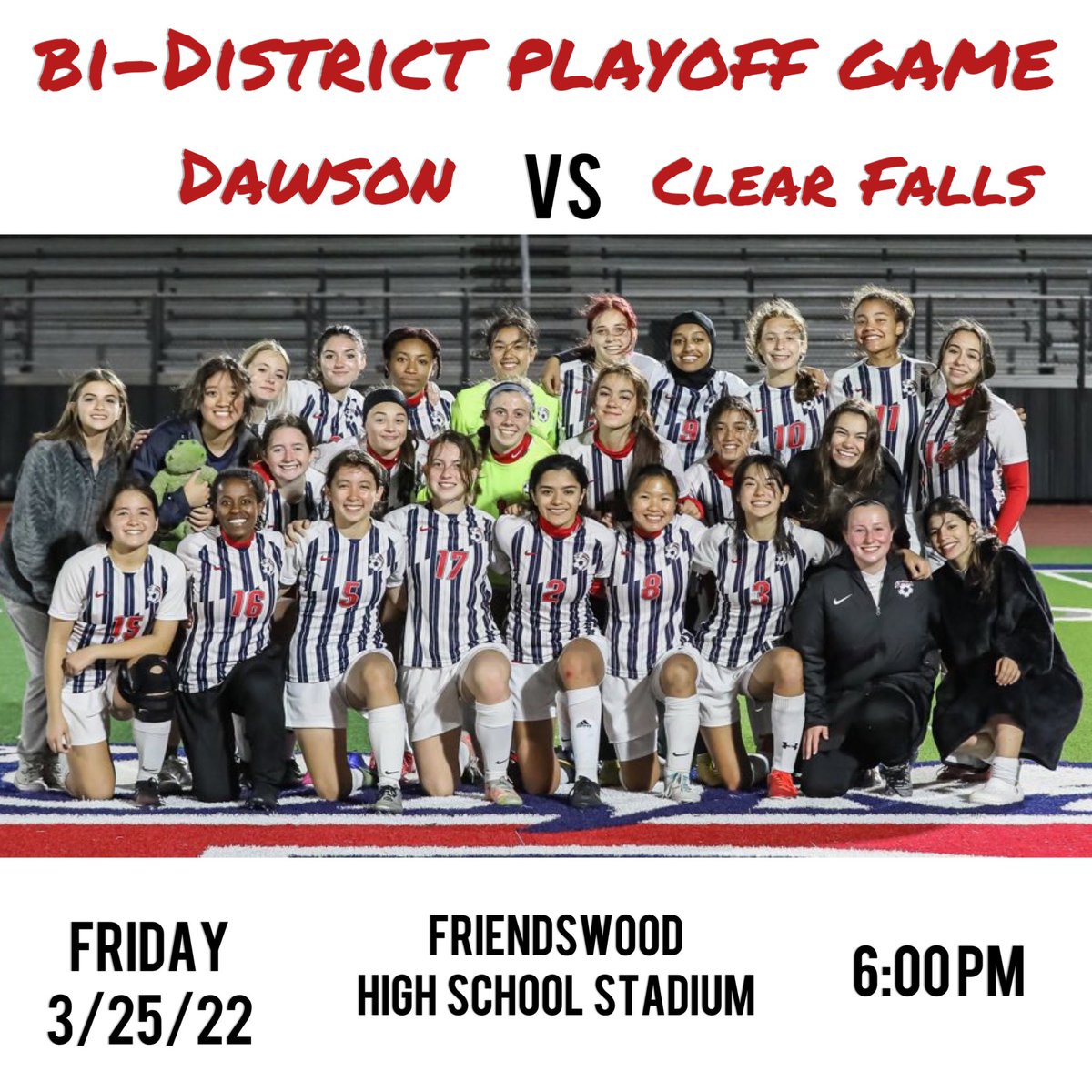 It’s PLAYOFF TIME!!! Mark your calendars and clear your schedules because we need you at Friendswood HS on Friday night to make some noise!!! #provethemright 
<a href="/DawsonHighSchl/">Dawson Eagles</a> <a href="/tascosoccer/">TASCO</a> <a href="/50_50Pod/">The 50/50 Podcast ⚽️🎙</a> @LethalSoccer
