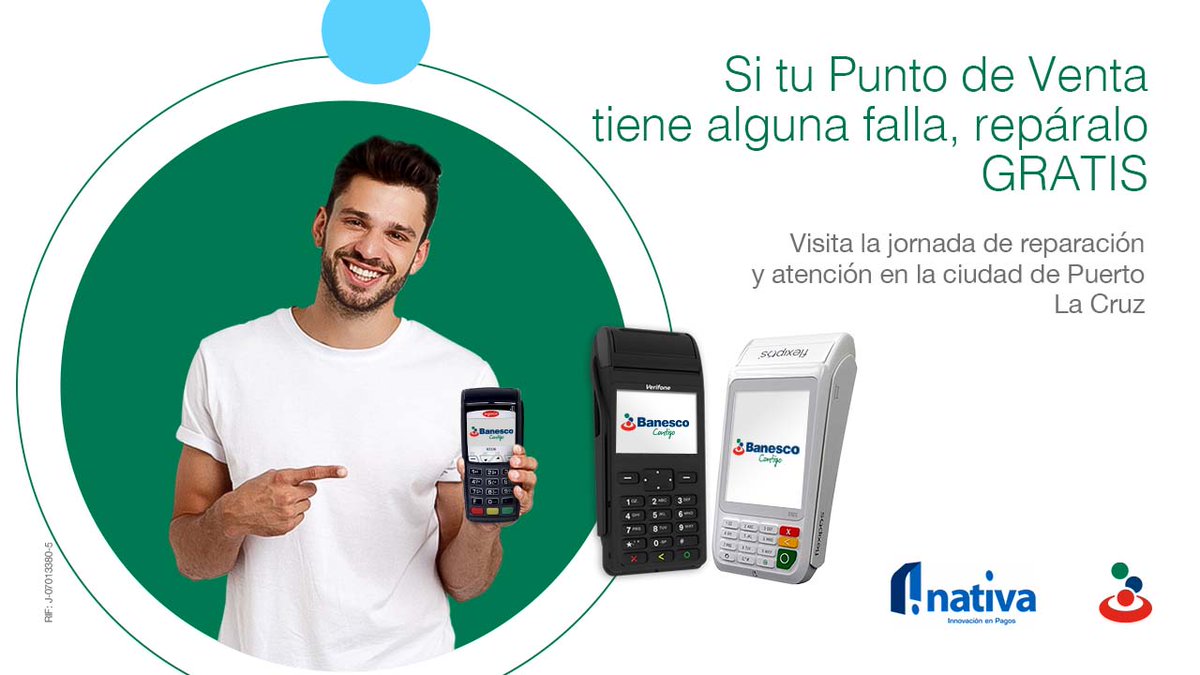 Banesco's tweet photo. Nuestro aliado @nativapagos ya está en #PuertoLaCruz

Asiste a las Jornadas de Atención y Reparación Costo Cero de #PuntosDeVenta

🗓️ Hasta el #25Mar
🕔 De 8:30am a 3:30pm
📍 Agencia Banesco, calle Libertad c/c Freites

📩 Contacta a tu Ejecutivo o escríbenos 👇

#BanescoContigo https://t.co/zH8kLUaujz