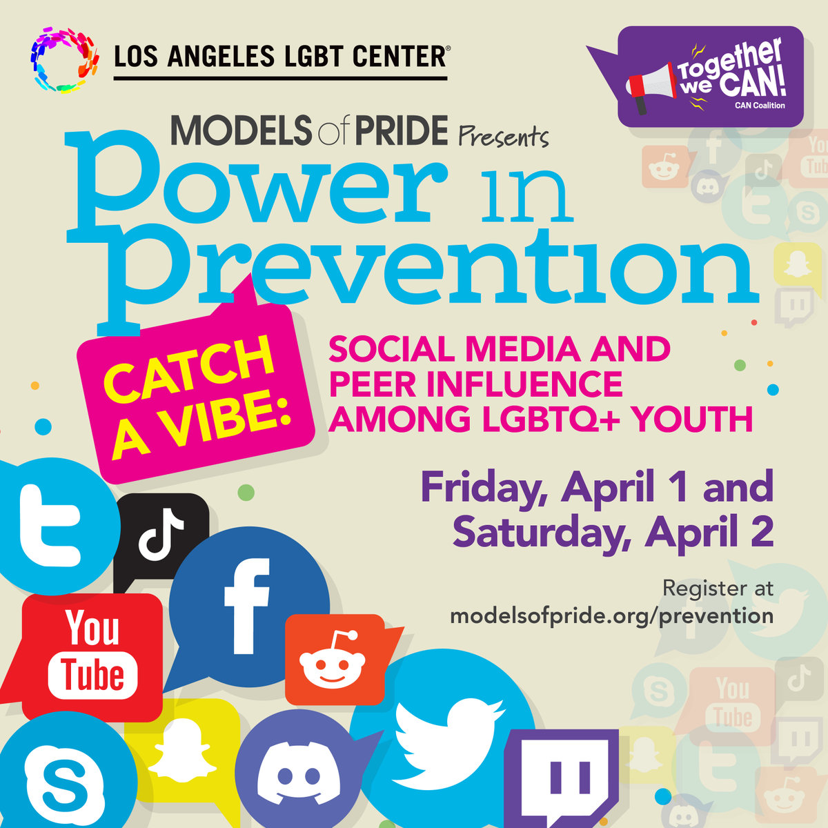 eqca's tweet photo. Join @LALGBTCenter on Friday, April 1st for Models of Pride: Power in Prevention conference and Saturday, April 2nd for Models of Pride: The Festival. #PowerInPrevention #modelsofpride2022
Register today: https://t.co/8cDjj0Nq5l https://t.co/xdCXMQsRq7