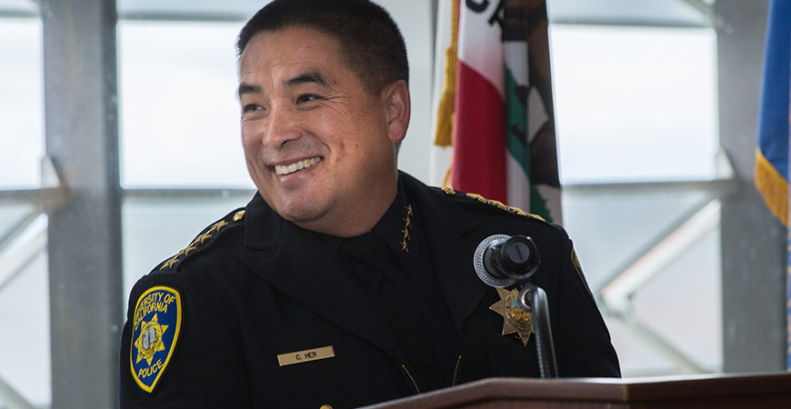 ucmerced's tweet photo. Assistant Vice Chancellor of Public Safety and Chief of @UCMercedPolice Chou Her understands the importance of uplifting his community and has been awarded the prestigious Kevin McCauley Memorial Outstanding Staff Award. https://t.co/bJTjppZnqZ https://t.co/dZGjauDXH4