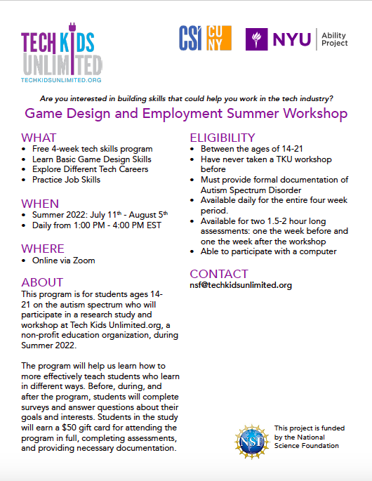kgillyn's tweet photo. Please share: 
Recruitment open for 2nd summer of free game design workshop for autistic youth @ TKU.
Study led by a participatory team.  We keep improving based on student feedback.
Seeking diverse students interested in learning work skills. 
Contact: nsf@techkidsunlimited.org https://t.co/TkDtTZOYLZ