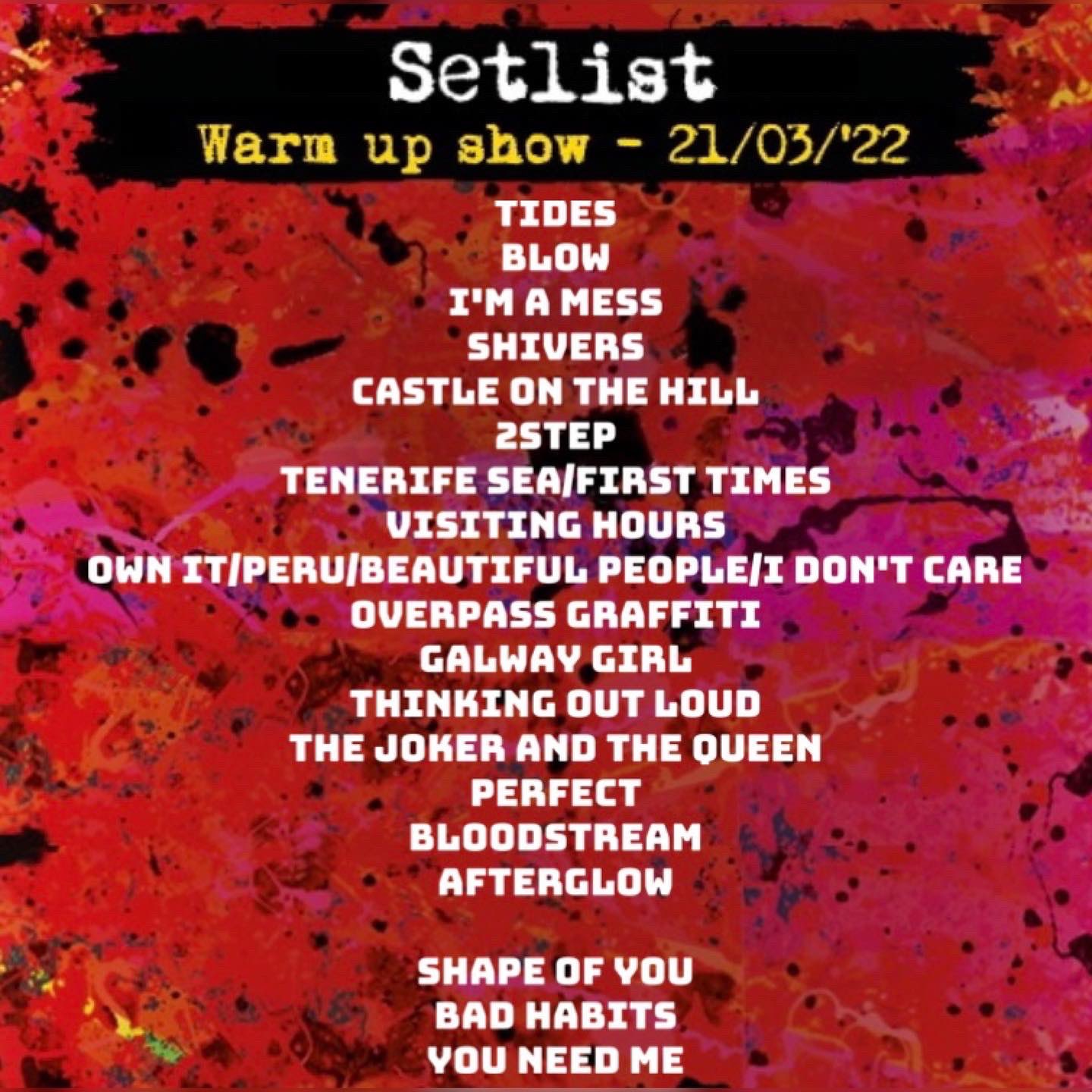 Ed Sheeran News (Fanpage) 🦋 on Twitter "Setlist for the first warm up