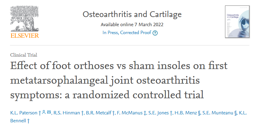 KadePaterson's tweet photo. Our new RCT comparing foot orthoses to sham insoles for first metatarsophalangeal joint (big toe) osteoarthritis. Very few clinical trials for this common problem, and clearly more evidence is needed. Now available for free until May 09, 2022 here: https://t.co/MwMNVOOT2E https://t.co/CvqnCWSVrV