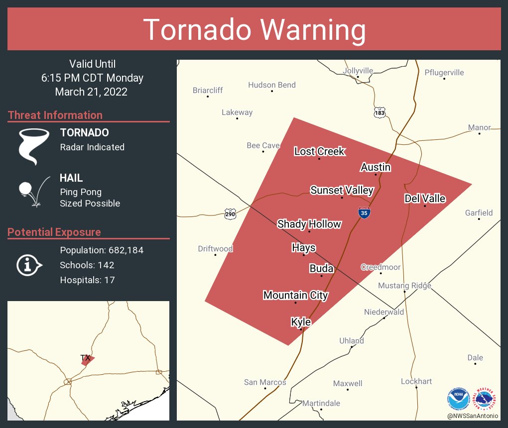 NWS Tornado on Twitter: "Tornado Warning including Austin TX, Kyle TX ...