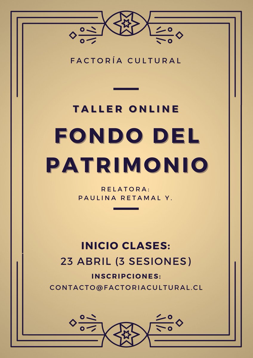 El 23 de abril comienza el taller "Fondo del PATRIMONIO", dictado por Paulina Retamal, Historiadora del Arte <a href="/ArtesUChile/">Facultad de Artes</a> y Magíster Gestión Cultural U. Buenos Aires <a href="/UBAonline/">UBAonline</a>. Más información al correo del afiche o escribiendo a <a href="/FactoriaCL/">FactoriaCultural</a>.