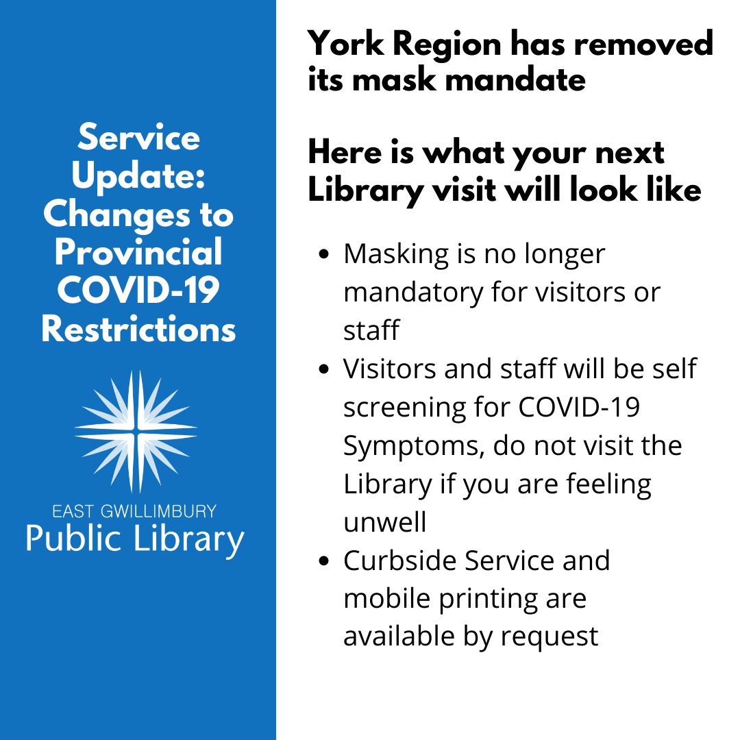 Effective March 21st, the town has removed the mandatory masking requirement for staff and visitors to Town facilities, including the Library. For more information on current COVID-19 regulations in our branches, please visit egpl.ca