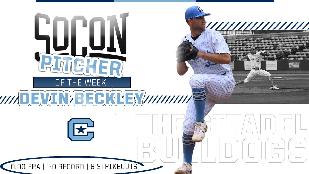 SoConSports's tweet photo. Devin Beckley is the #SoConBSB pitcher of the week🔥

⚾️0.00 ERA.
⚾️went 1-0 on the week.
⚾️8 strikeouts.

#SoConBSB⚾️ x @CitadelBaseball  

🔗https://t.co/kScgLSfaP6 https://t.co/P4bk3I1jJo