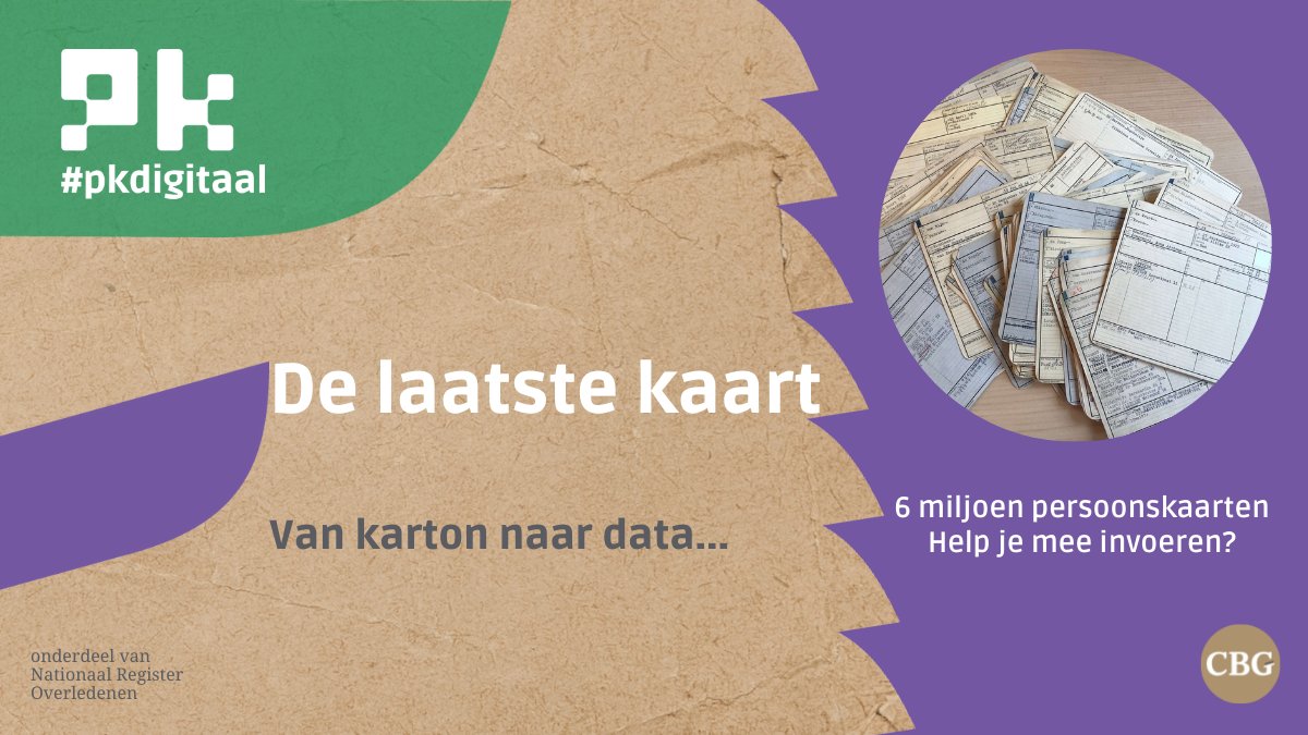 Help je ons mee van karton naar data? Draag vanaf vandaag je steentje bij aan het crowdsourcingsproject #DeLaatsteKaart via <a href="/VeleHanden/">VeleHanden</a> en help mee door een deel van de gegevens op de persoonskaart in te voeren > cbg.nl/actueel/vrijwi…

#PKdigitaal #NationaalRegisterOverledenen
