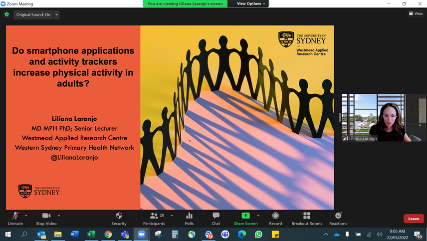 WARC_USYD's tweet photo. Our first presentation at this morning's WRM meeting is by Leadership Team member @LilianaLaranjo "Do #smartphone applications and #activitytrackers increase physical activity 🤸♂️ in adults?" @sydFMH_EMCR @syd_health #WARC https://t.co/CF16dRsTKl