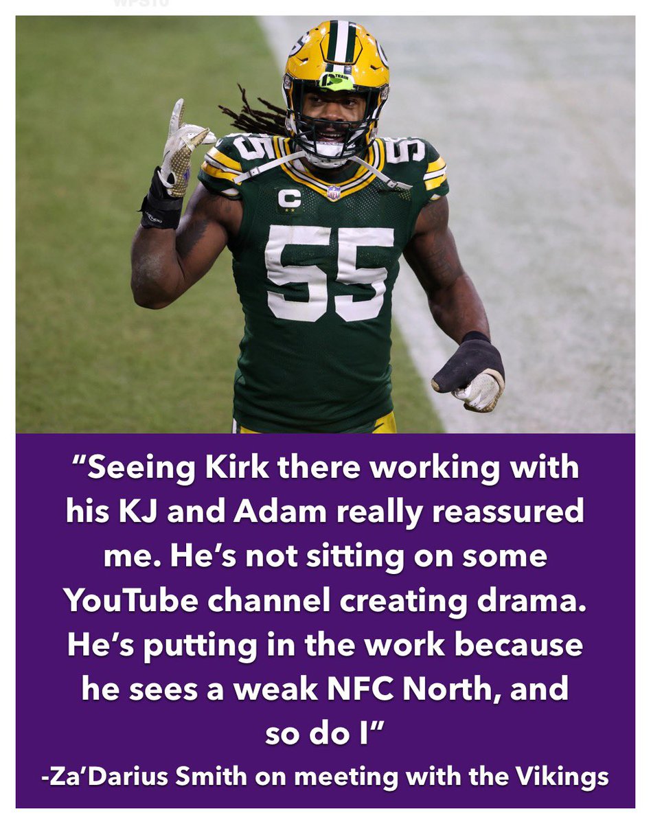 NFCNorthNewss's tweet photo. Wow😳 Former #Packer Za’Darius Smith speaks on his visit with the #Vikings 

Is he taking a shot at his former QB?🤔 https://t.co/Y5r47dfMjm