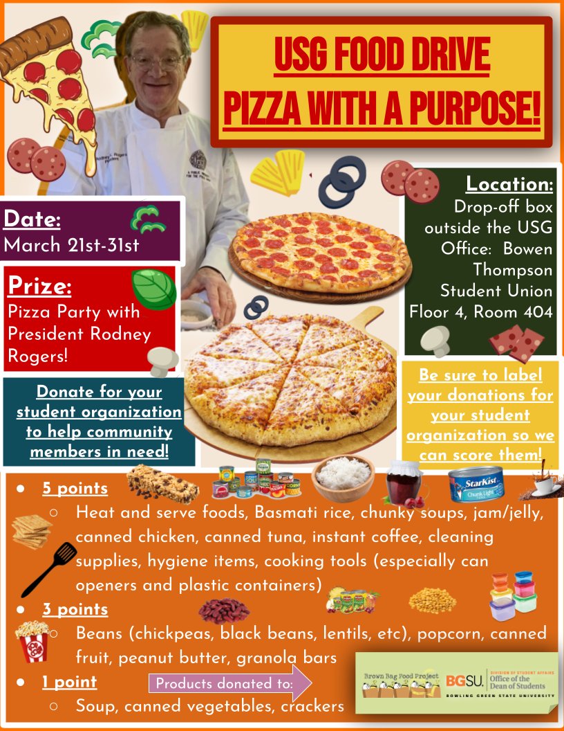 Donate for your student organization or group to win a pizza party with President Rodney Rogers! The donation drop off box is at the Bowen-Thompson Student Union, Floor 4, Room 404! Be sure to label your donations for your student organization!