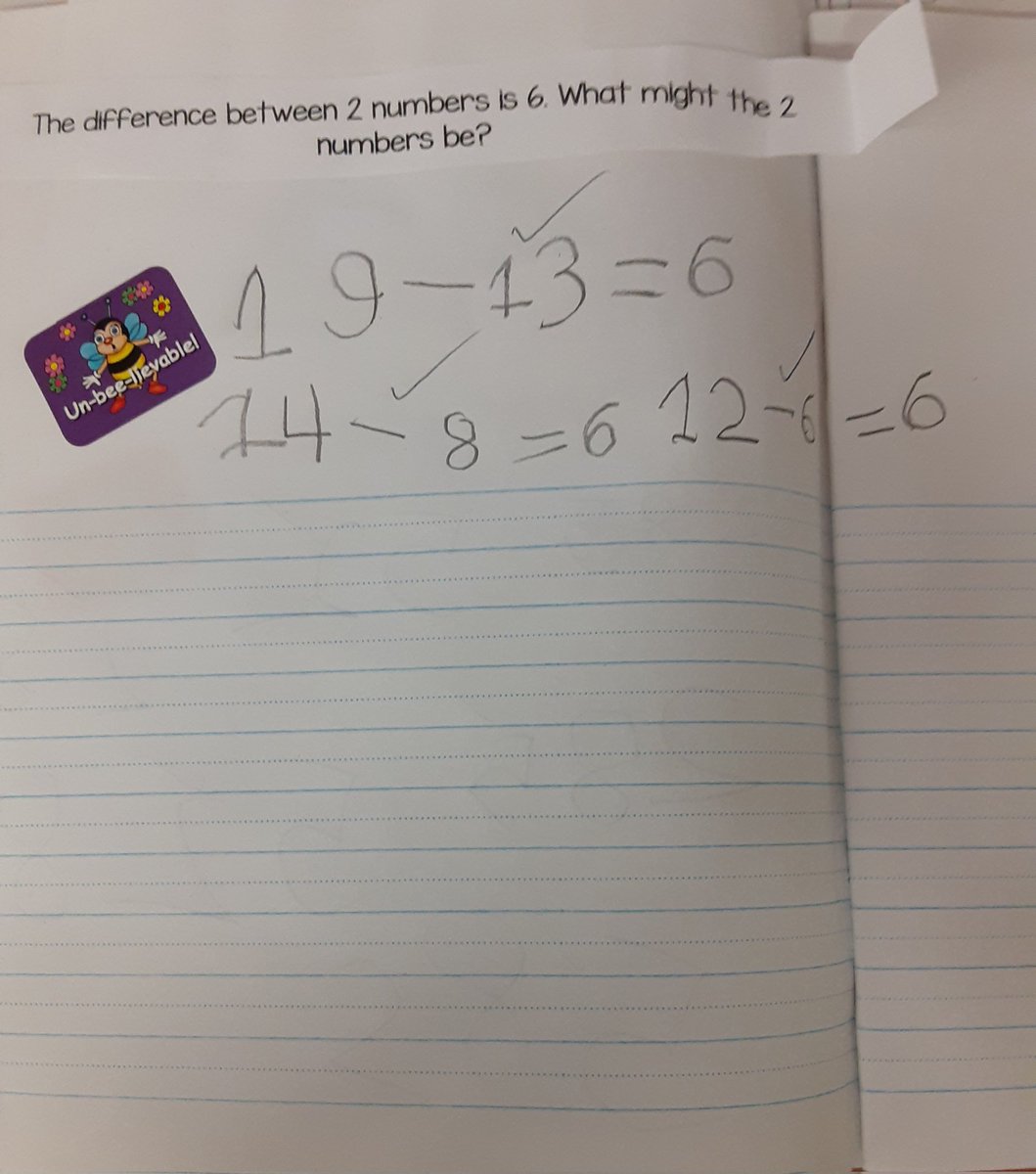 mrsbowesteaches's tweet photo. Today's Think It Through Math Journal Question allowed for a wide array of answers. "The difference between two numbers is 6. What could the two numbers be? #thinkitthrough #openended #mathlanguage #mindsonmath https://t.co/LRgRuGGhXG