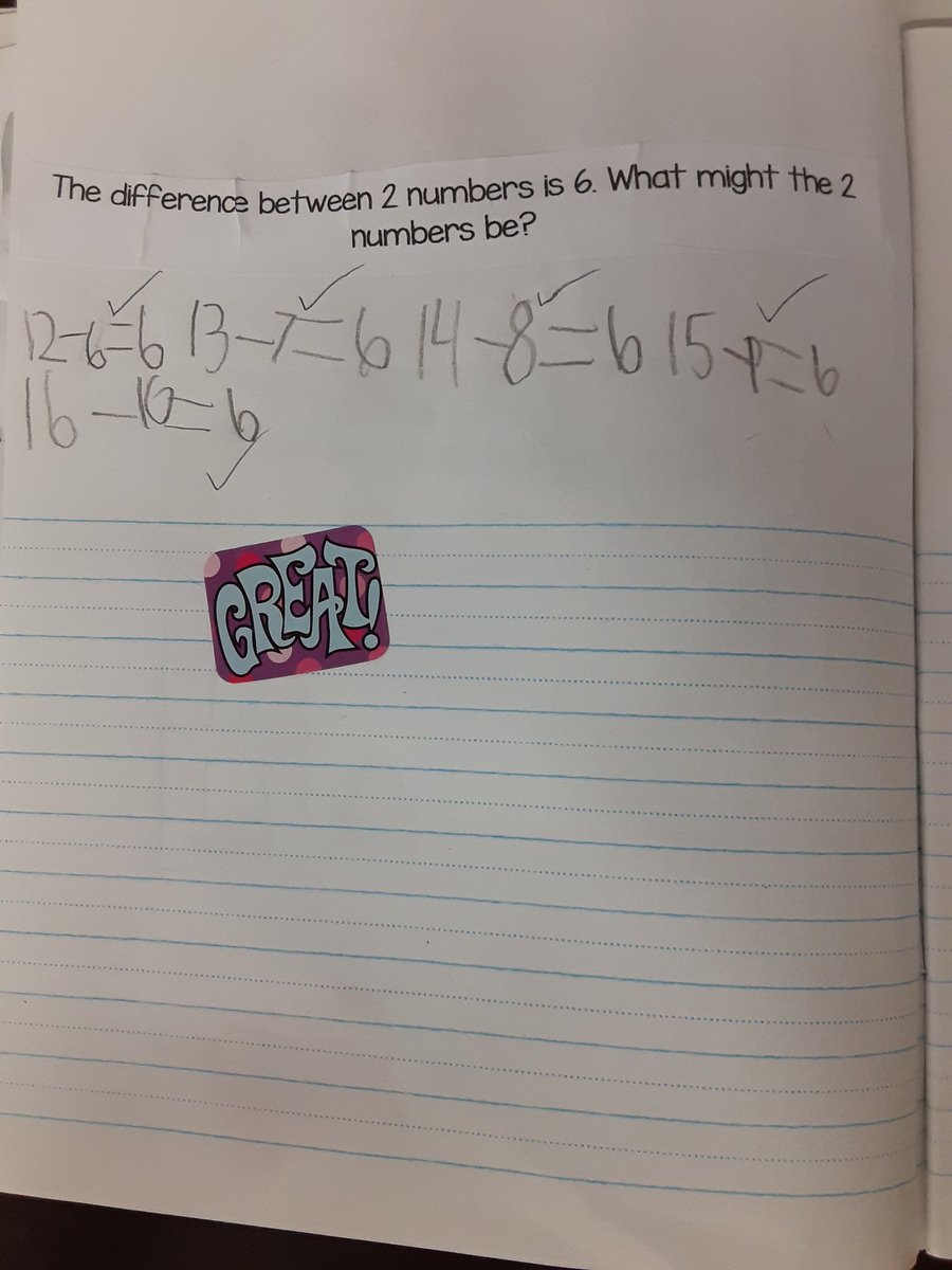 mrsbowesteaches's tweet photo. Today's Think It Through Math Journal Question allowed for a wide array of answers. "The difference between two numbers is 6. What could the two numbers be? #thinkitthrough #openended #mathlanguage #mindsonmath https://t.co/LRgRuGGhXG