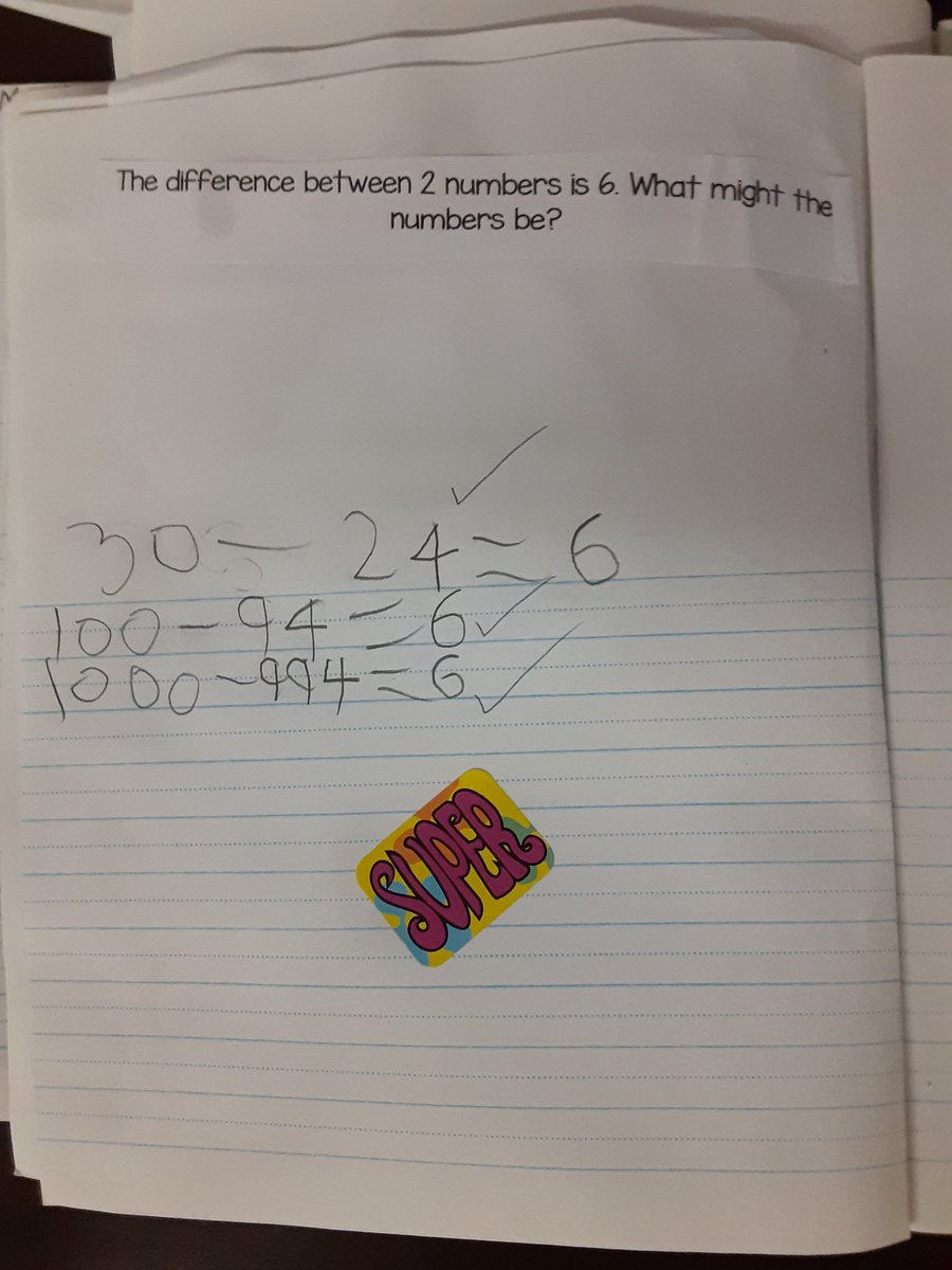 mrsbowesteaches's tweet photo. Today's Think It Through Math Journal Question allowed for a wide array of answers. "The difference between two numbers is 6. What could the two numbers be? #thinkitthrough #openended #mathlanguage #mindsonmath https://t.co/LRgRuGGhXG