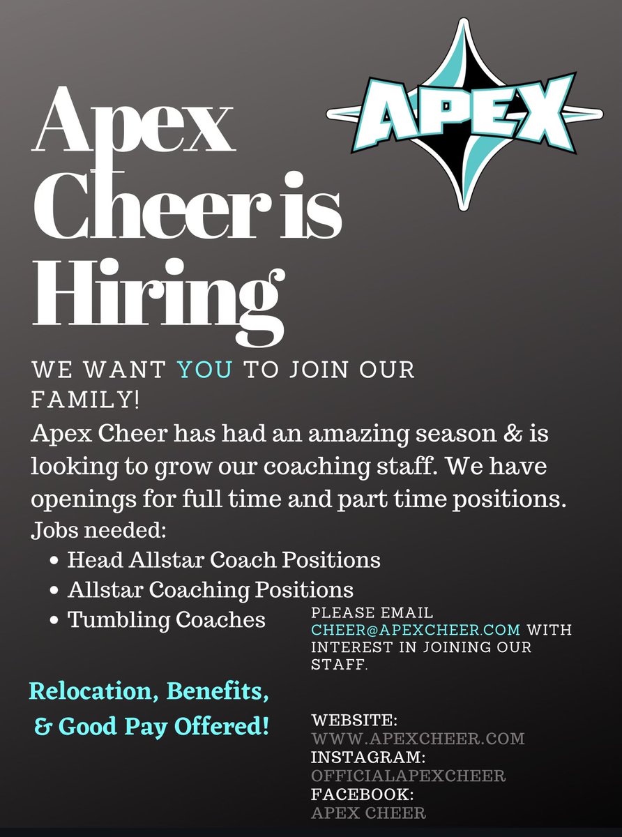 TheApexCheer's tweet photo. We are looking to hire an experienced, motivated, and energetic coaches to join as we grow and expand our program. Send your resume and interests to info@apexcheer.com and cheer@apexcheer.com 😊 #CheerCoach #JobOppurtunity #SeasonXI #ApexOnTop https://t.co/ZR8IhfyYmq