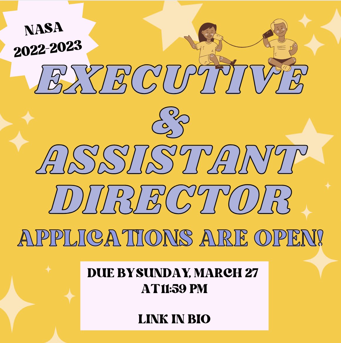 uscnasa's tweet photo. ⭐️ The NASA 2022-2023 Executive and Assistant Director application is now open! ⭐️ 
Be a part of NASA’s legacy and apply for leadership for this upcoming academic year! LINK IN BIO. 
Apps are open starting today (3/21) and will close Sunday, March 27 at 11:59pm. 
Good luck!!! 🤩 https://t.co/9kjcNUOj8r