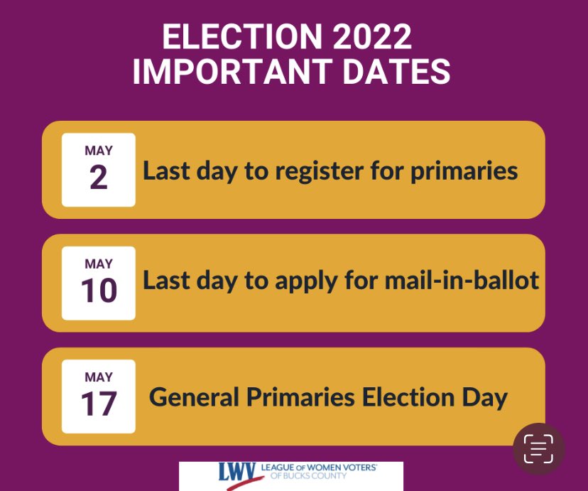 LWVBucksCounty's tweet photo. 🗣 Election 2022 Important Dates 

Register to vote 👉 @VOTE411 or https://t.co/GHzthc5HLt

#Pennsylvania #BucksCounty #2022Elections https://t.co/zv40UB5weS