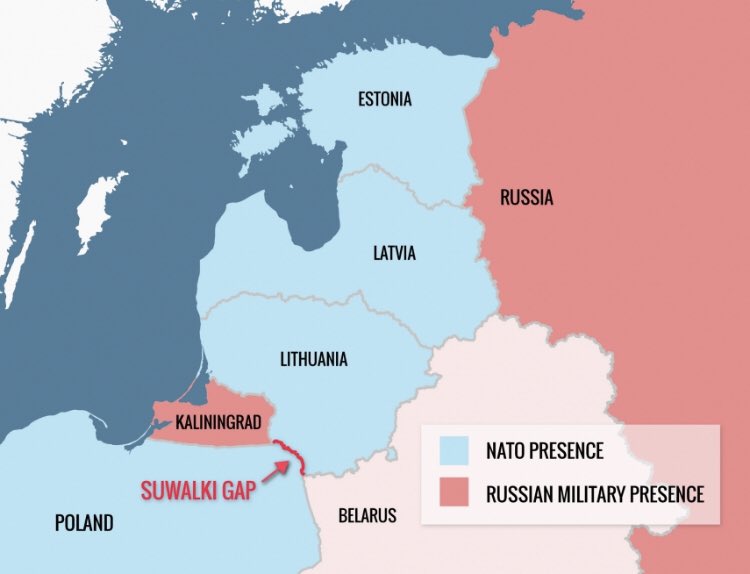 visegrad24's tweet photo. Have you ever heard about the Suwałki Gap?

If Russia ever launches a direct attack on NATO, it will most likely start here.

It’s a bottleneck between Poland and the Baltic states.

Cut it off from Belarus and Kaliningrad and NATO reinforcements can’t reach the Baltic states. https://t.co/46z4HcX188