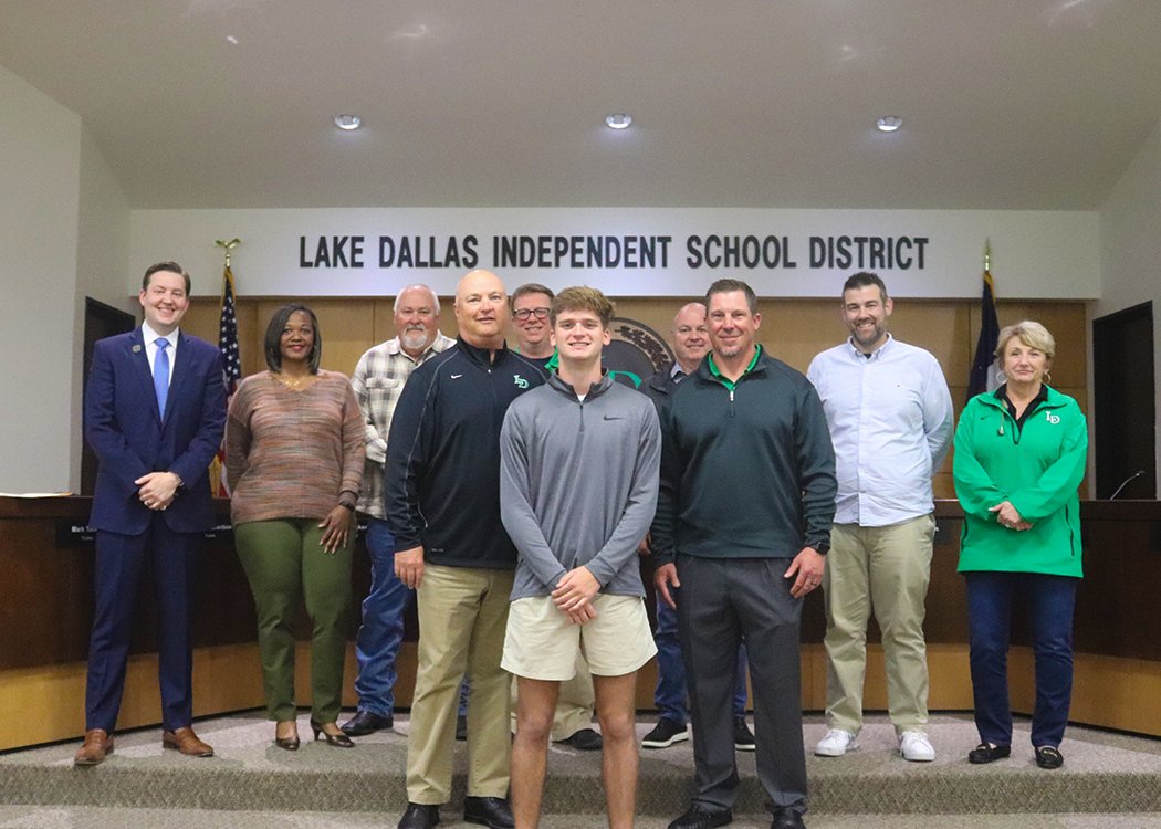 LakeDallasISD's tweet photo. At tonight’s board meeting, @LakeDallasHigh senior Preston Gregg, an incredible student-athlete, was honored for shining on the @recruitLD football field this season. Congrats, Preston for all your hard work.  #FalconsFirst https://t.co/9aO8rpEcpj
