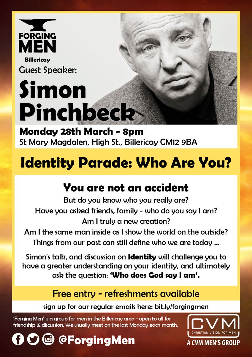 ForgingMen's tweet photo. Next Monday we meet at St Mary's to hear from @simonpinchbeck on the subject of Identity. Do you know who you really are? Come along at 8pm to find out. Free entry, tea, coffee & biscuits provided. #ForgingMen #Billericay https://t.co/Pxk5VKynqS