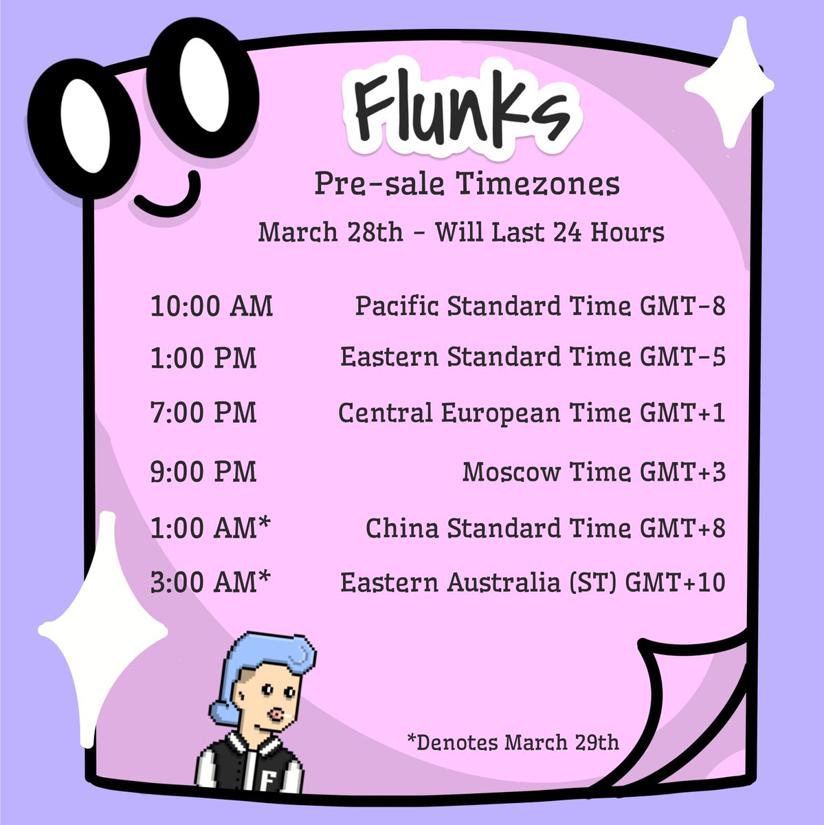 Pre-Sale is one week away! 

📆 March 28th
⏰ 10:00 AM PST

Enter our Hall Pass raffle at flunks.io for your chance to mint during the pre-sale window