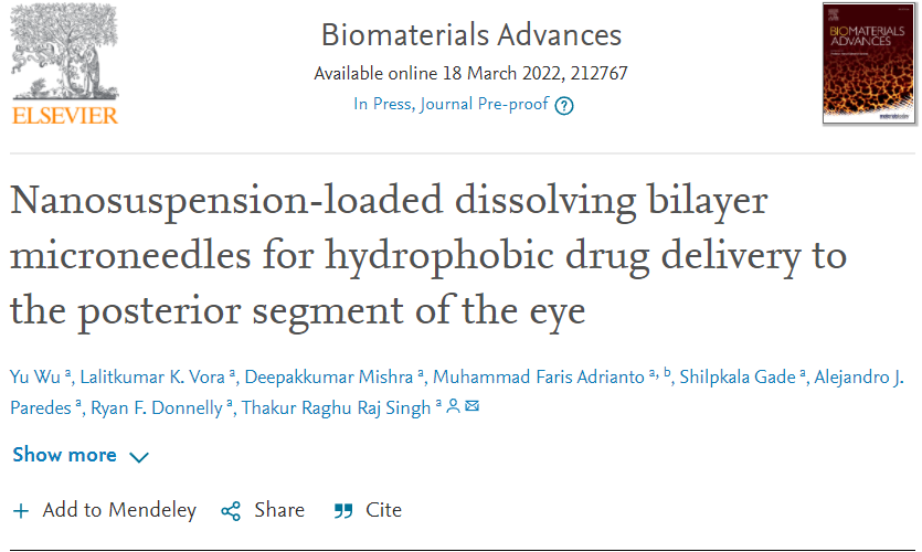 Great Ocular Drug Delivery Systems Lab, QUB (@thakurlab_qub) on Twitter photo We are excited to share our upcoming publication in Biomaterial advances journal. Great work on nano suspension loaded microneedles for ocular delivery by Yu Wu and team <a href="/rthakur01/">Raj Thakur</a> <a href="/ryanfdonnelly/">Ryan Donnelly</a> <a href="/lalitkvora/">Lalitkumar Vora</a> <a href="/ShilpkalaGade/">Shilpkala gade</a> <a href="/Deepakk_mishra/">Deepak Mishra</a> <a href="/pharmacyatQUB/">QUB Pharmacy School</a> <a href="/ORBITAL_ITN/">orbital</a> <a href="/TxVana/">Re-Vana Tx</a> We are excited to share our upcoming publication in Biomaterial advances journal. Great work on nano suspension loaded microneedles for ocular delivery by Yu Wu and team <a href="/rthakur01/">Raj Thakur</a> <a href="/ryanfdonnelly/">Ryan Donnelly</a> <a href="/lalitkvora/">Lalitkumar Vora</a> <a href="/ShilpkalaGade/">Shilpkala gade</a> <a href="/Deepakk_mishra/">Deepak Mishra</a> <a href="/pharmacyatQUB/">QUB Pharmacy School</a> <a href="/ORBITAL_ITN/">orbital</a> <a href="/TxVana/">Re-Vana Tx</a>
