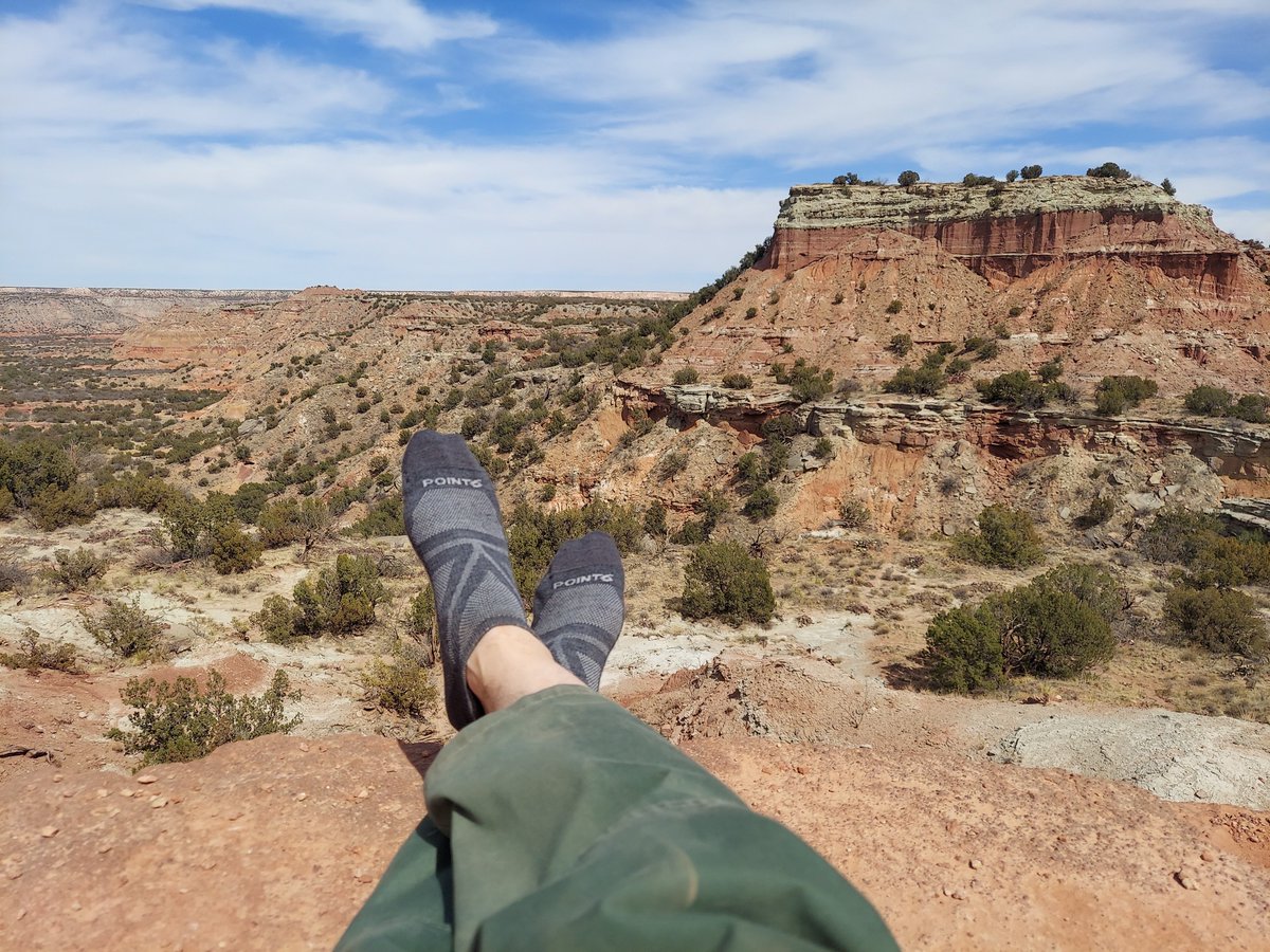 YoCranston's tweet photo. We had a great hike through Palo Duro Canyon! Cold-ish morning, hot afternoon. Feet were comfy the whole time. On an uphill the one on my back asked me to stop breathing so hard. Apparently I was ruining her experience. @point6 @TPWDparks #adventureswithkids https://t.co/hS8lj9bpj6