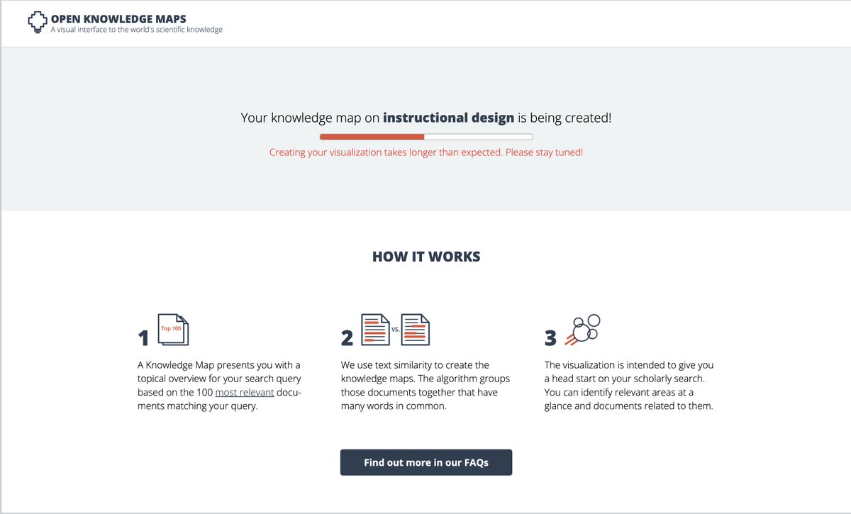 instructlady's tweet photo. I just learned about Open Knowledge Maps! Wow! What a great tool for researchers. Check out my latest search on #instructionaldesign. Overview of research on instructional design https://t.co/kixFiyx4LP #okmaps #openscience #dataviz  #instructionaldesigner https://t.co/xLUNvrT07O