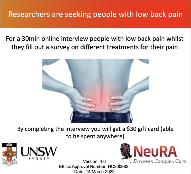 Looking for people with low back pain to spare 30 minutes to do an interview on their preferences for exercise. 

Everyone will get a $30 gift card for their time. Please fill out this survey if you may be eligible and share around!!!

redcap.link/ha8wsq11

#lowbackpain #aus
