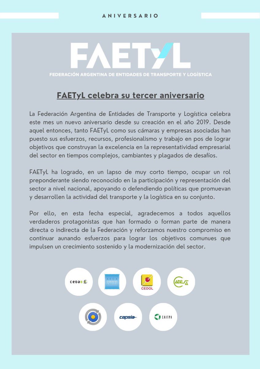 Hoy festejamos nuestro tercer aniversario 🎉 Celebramos los esfuerzos realizados en estos tres años de la mano de las cámaras asociadas con el objetivo común de representar al sector del transporte y la logística en el país 👏🏼
