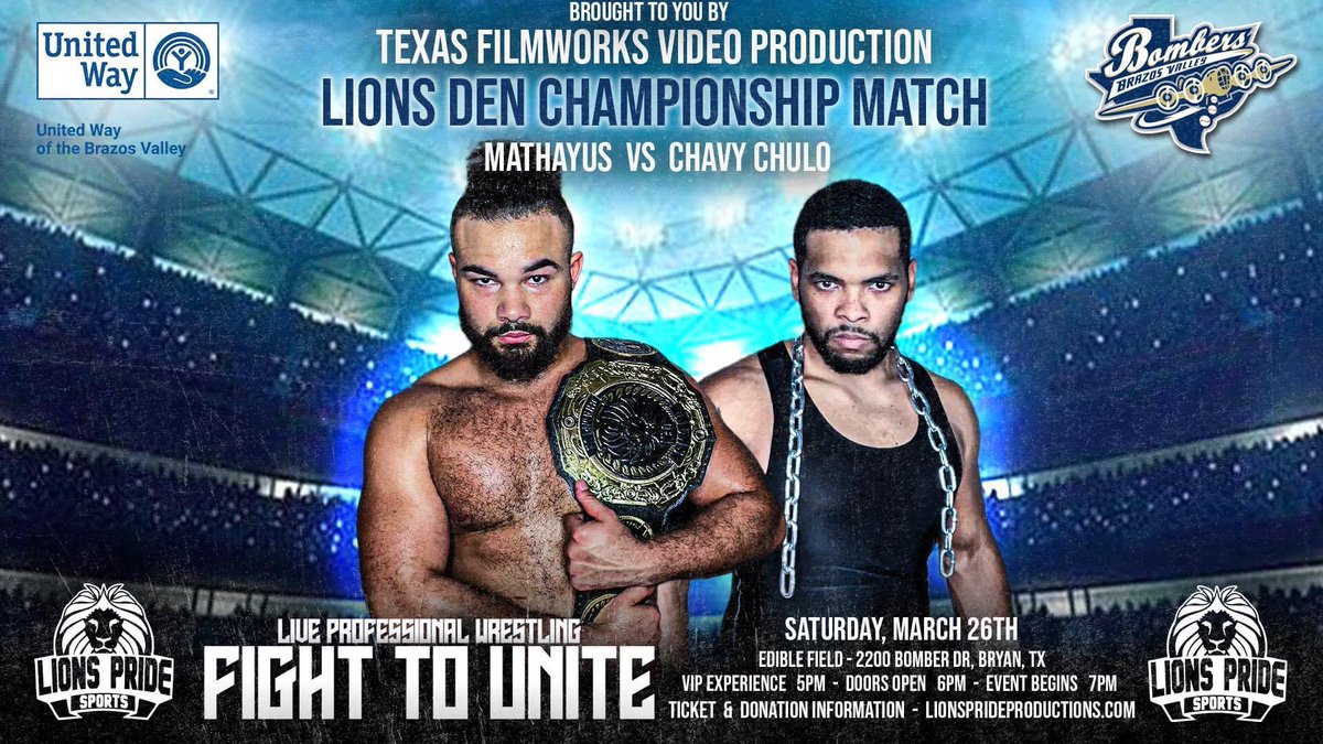 LionsPrideTX's tweet photo. IT’S SHOW WEEK!
THIS SATURDAY #FightToUnite will take place from the home of the Brazos Bombers!
All proceeds go towards the United Way of the Brazos Valley!
TICKETS: https://t.co/wH7AC2sRMQ https://t.co/vqzrub394o