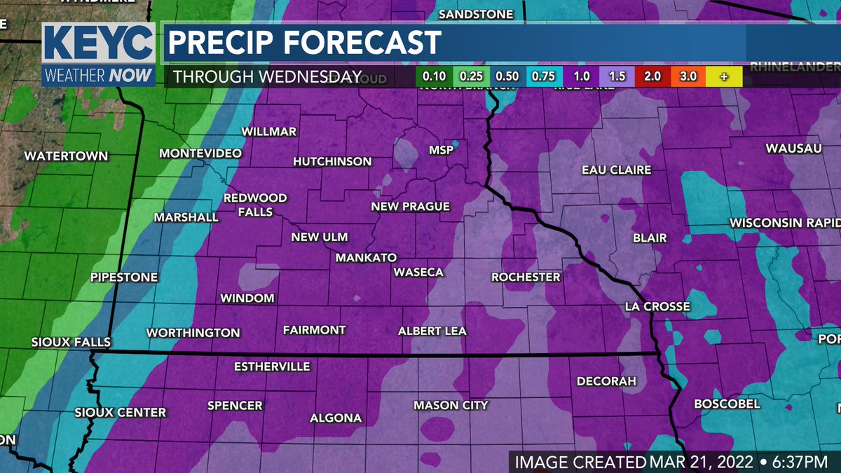 Cooler, wet weather is in the forecast for the next couple of days. Around an inch is possible across much of southern Minnesota and northern Iowa with the heaviest rain falling on Tuesday. Some places could even get a little sloppy, wet snow by Wednesday. #mnwx #iawx https://t.co/rjNx7z0rsn