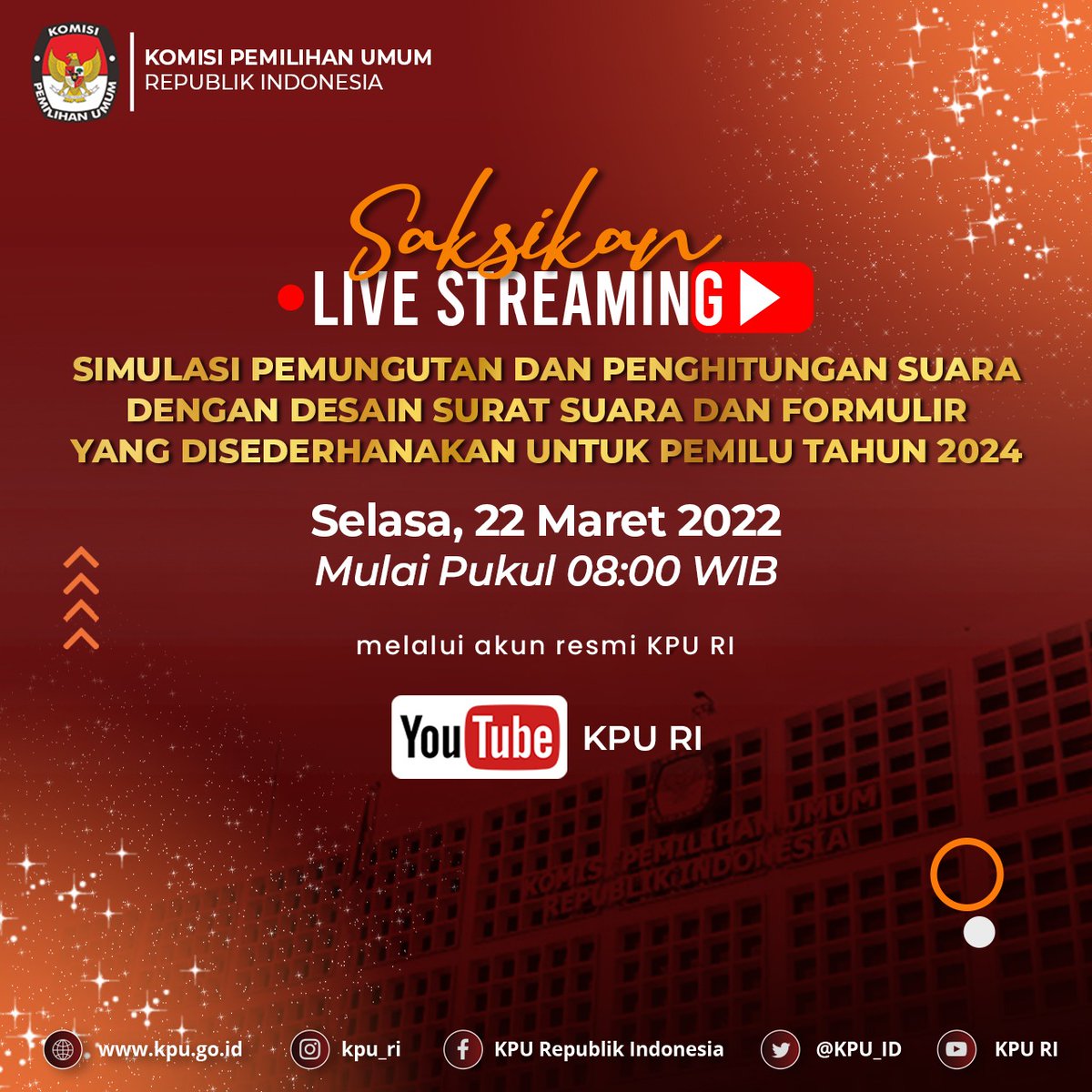KPU_ID's tweet photo. #TemanPemilih, Ikuti Live Streaming "Simulasi Penghitungan dan Pemungutan Suara dengan Desain Surat Suara dan Formulir yang disederhanakan untuk Pemilu Tahun 2024", langsung dari Gedung KPU RI Jakarta ....!! https://t.co/THColWHsbX