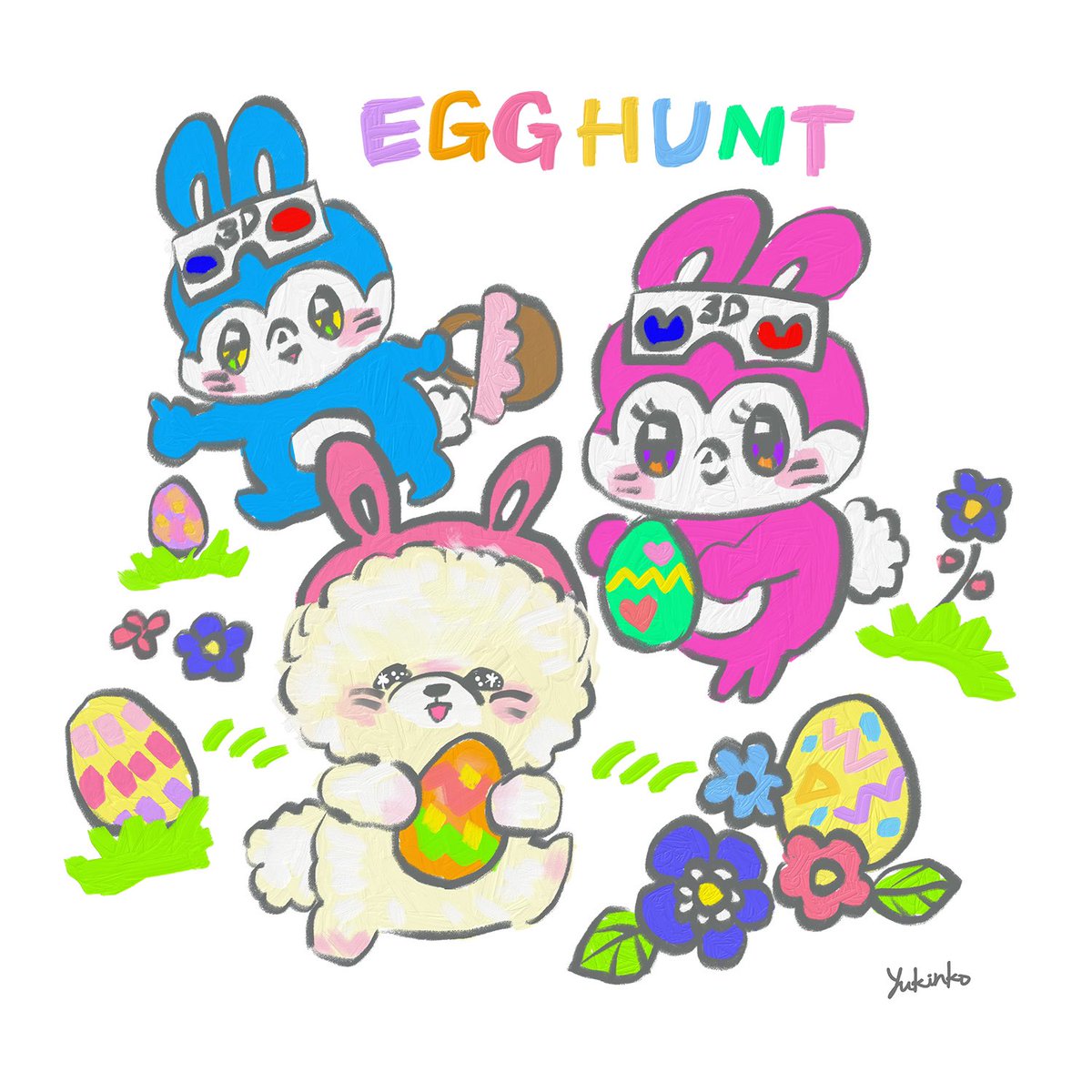 サン：お友達のシロマルパピコちゃん（<a href="/shiromarupapiko/">しろまるパピコ🐶🎀🌈</a>）とエッグハント🥚🐰🌼🌸🌷
パピコちゃんふわふわでかわい～！

パピコちゃんのインスタには僕らのコラボカフェがあるよ↓
instagram.com/shiromarupapik…

#コラボ絵
#イラスト好きな人と繋がりたい
#みんなで楽しむTwitter展覧会
#イラストグラム