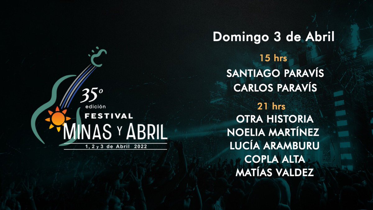 Se acerca una nueva edición de Minas y Abril! Acá la grilla 🙌🏻
1,2 y 3 de abril en el Parque Rodó de Minas - Lavalleja 
<a href="/ntvgoficial/">No Te Va Gustar</a> <a href="/buitresok/">buitres</a> <a href="/cuatropesos/">cuatropesos</a> <a href="/ciroylospersas/">Andres Ciro Martinez</a> <a href="/LosNocherosOfic/">Los Nocheros Oficial</a> <a href="/MontevideoMG/">MMG</a> <a href="/faroguia/">Ernesto Muñoz</a>