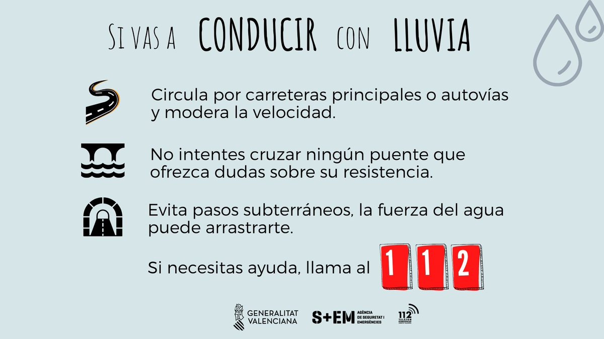 GVA112's tweet photo. ⚠️ Molta precaució en les carreteres. 

🌧️ Evita els passos subterranis i els barrancs.

☎️Si tens una emergència, telefona a l'1·1·2. https://t.co/nyO70gRiiH