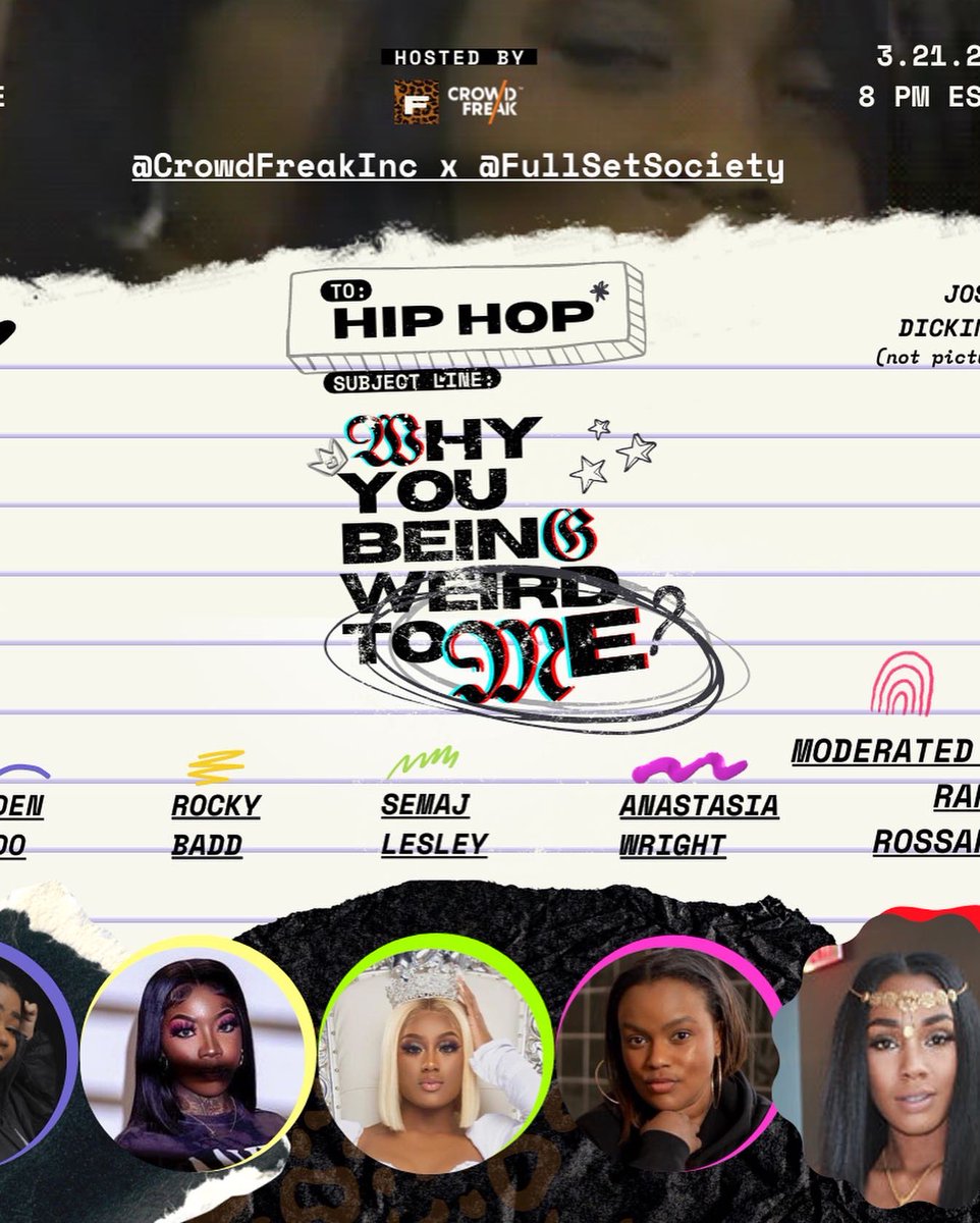CrowdFreakInc's tweet photo. TONIGHT • 3/21 at 8 pm (ET) 

Come see about us. We're taking up space with @CrowdFreakInc, @DaRealRockyBadd, @SemajLesley @BossLadyA @JordenKiddo, @JoshuaAKyle and the one and only @RandiRossario, our moderator, to ask HIP HOP...

#WhyYouBeinWeirdToME? https://t.co/WYZsmlZL6r