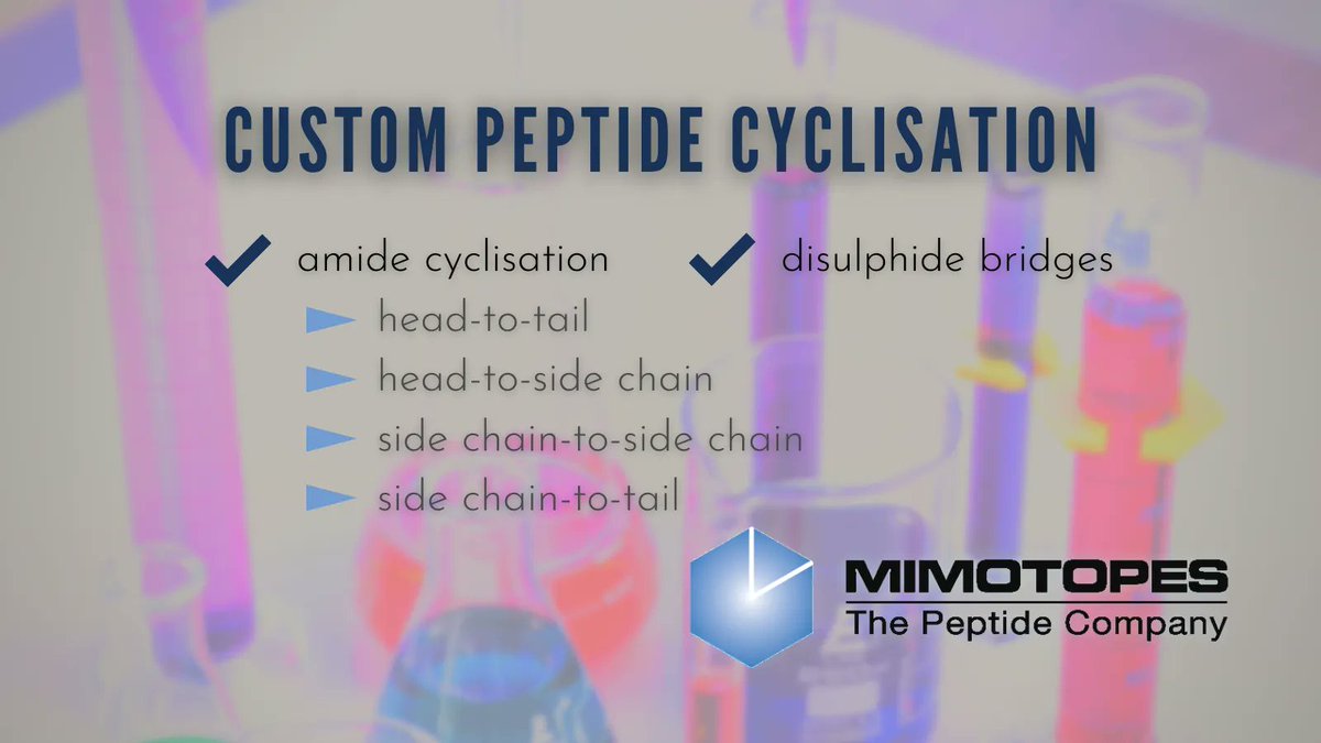 Mimotopes's tweet photo. Custom peptide cyclisation is a common modification to alter the physical properties of a peptide.
Learn more: https://t.co/sT6V2zp9AK
#cyclisation #peptides https://t.co/7p7BzGgd68