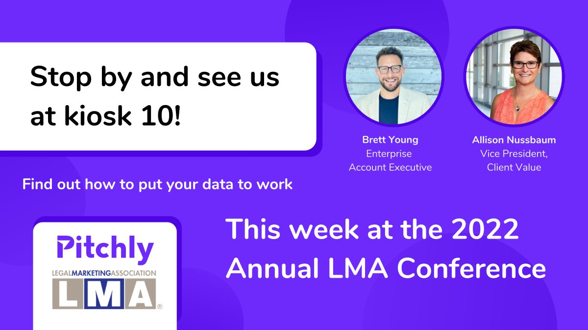 pitchlyinc's tweet image. We&apos;re all set up at kiosk #10 at the 2022 Annual LMA Conference, and we can&apos;t wait to meet you! 

Our VP of Client Value and legal tech expert Allison Nussbaum is there and ready to chat with you. Stop by and see us! 

#LMA22 #dataenablement #legaltech