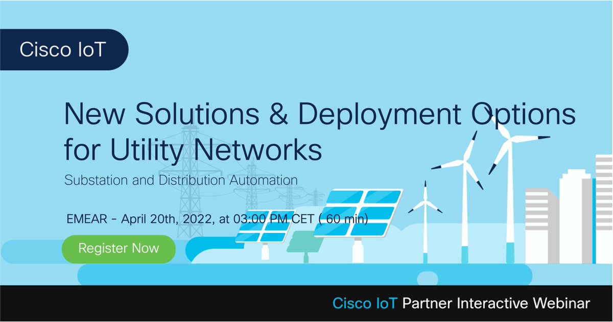 CiscoIIoT's tweet photo. Calling all Cisco partners in EMEAR to join our April 20th Partner Interactive Webinar " New Cisco Solutions and Deployment Options for Utility Networks - Substation and Distribution Automation". Register here: https://t.co/j0cMsIZg1c

#utilities https://t.co/M9WfPXHAaA