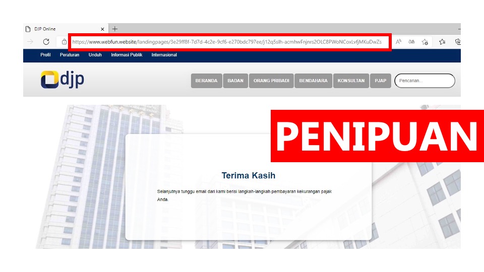 DitjenPajakRI's tweet photo. Selamat pagi, #KawanPajak.

Terdapat penipuan melalui email mengatasnamakan DJP menggunakan domain palsu yang mengarahkan penerima email menuju situs web palsu. 

Email dan domain situs web DJP hanya ada di https://t.co/EedwtAj3FT. https://t.co/Vkn2iIZfH7