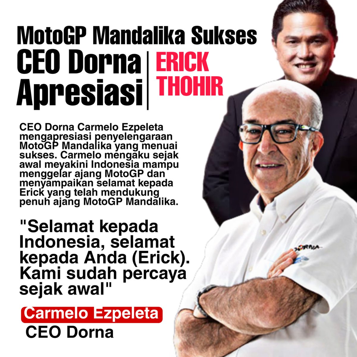1Misnah's tweet photo. CEO Dorna apresiasi atas Motor Gp di Mandalika. Kesuksesan GP Mandalika tidak terlepas dari peran @erickthohir dalam menjaga nama baik bangsa. 

Selamat Pak Erick

#ETMotoGP https://t.co/LHupwDzQiB