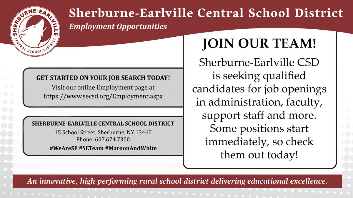 SECSDTweets's tweet photo. WE WANT YOU!
SECSD is seeking qualified candidates for job openings in administration, faculty, support staff and more.
Visit our online Employment page at https://t.co/ZjjsRDVpEF for information on how YOU can apply today.
#WeAreSE #SETeam #MaroonAndWhite https://t.co/Gcd36svwMQ