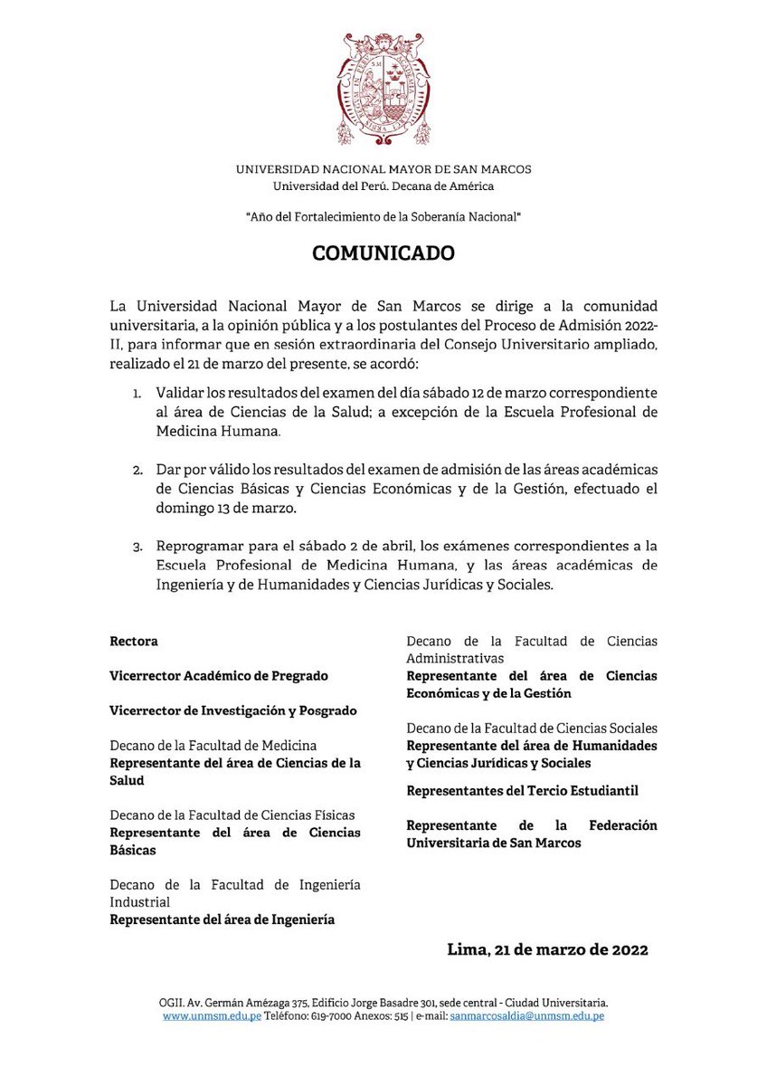 UNMSM_'s tweet image. 🔵 #COMUNICADO | El Consejo Universitario de la @UNMSM_, en sesión extraordinaria de hoy 21 de marzo, acordó lo siguiente.