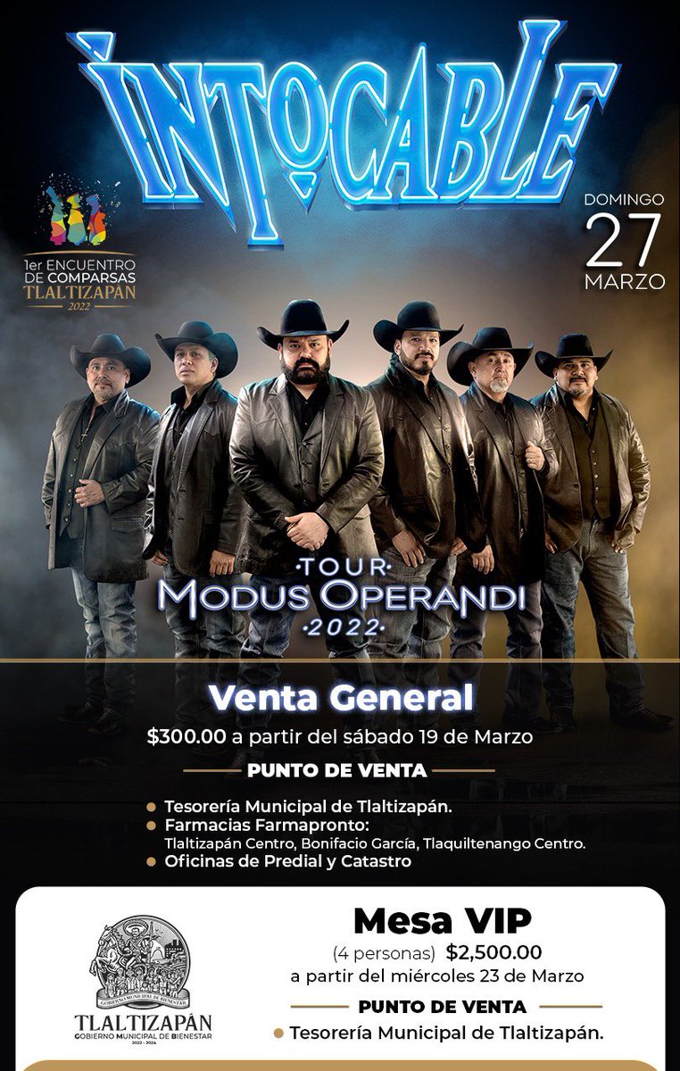 GMBMorenoBruno's tweet photo. Recuerden que ya están a la venta los boletos para #Intocable que se presentará este 27 de marzo en #Tlaltizapán en el 1er Encuentro de Comparsas 2022 https://t.co/x1UbosxrMs